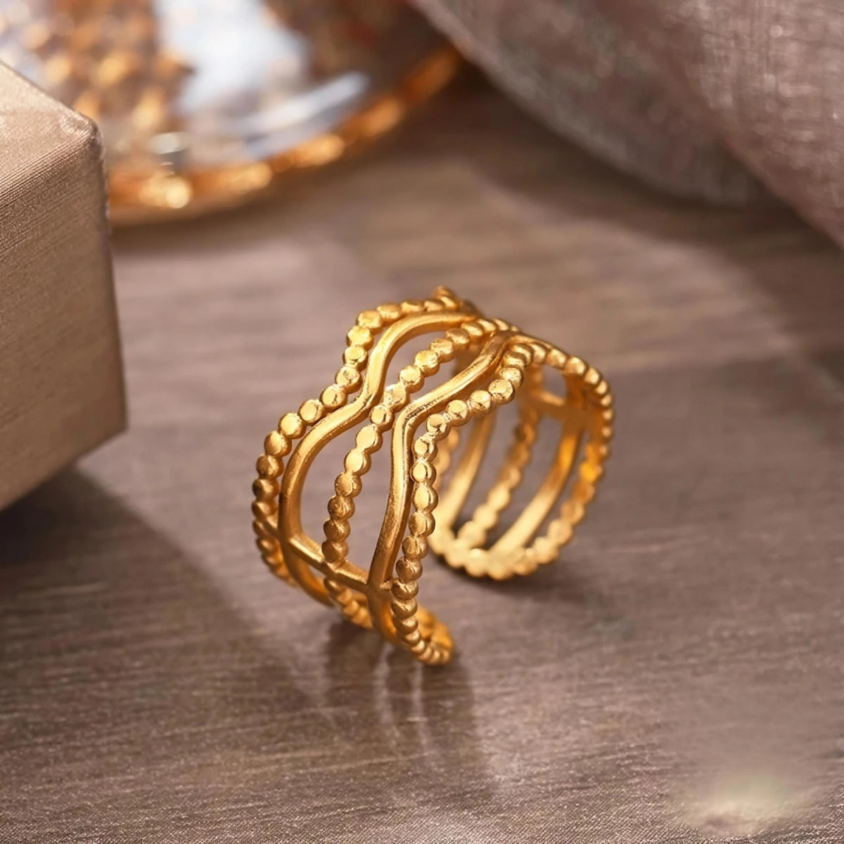 Multi Row Beaded Wave Stainless Steel Gold Plated Free Size Ring