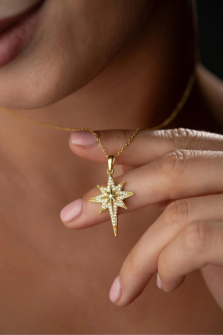 North Star Zircon Stone Stainless Steel Gold Plated Necklace