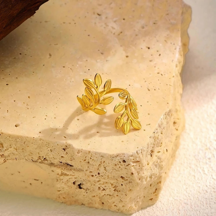 Olive Branch Stainless Steel Gold Plated Free Size Ring