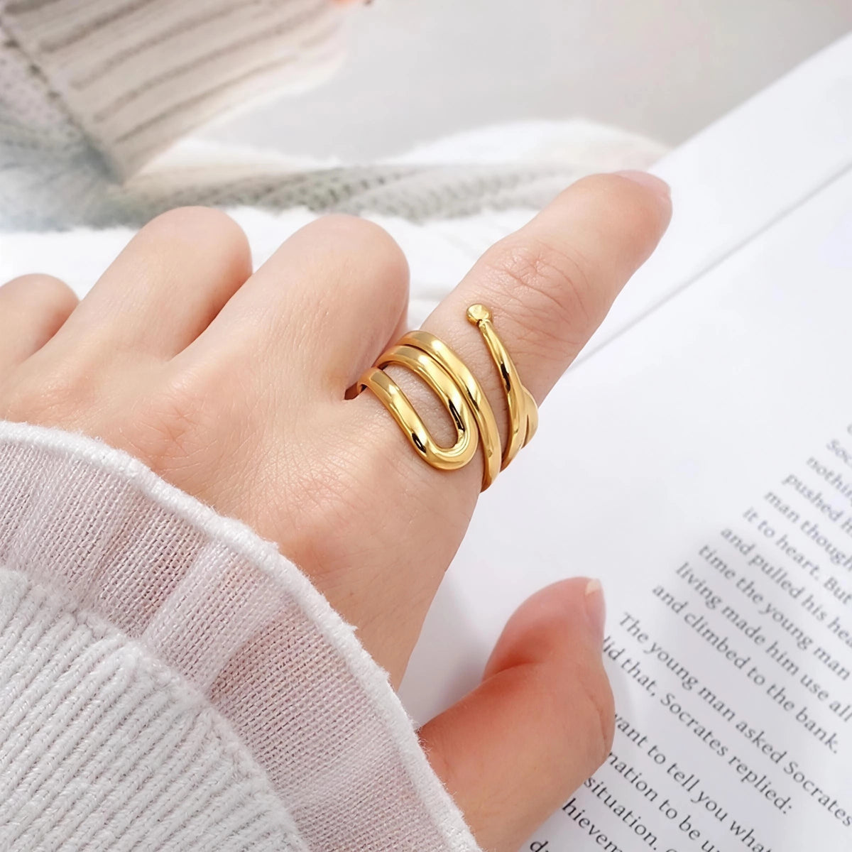 Open Coil Stainless Steel Gold Plated Free Size Ring