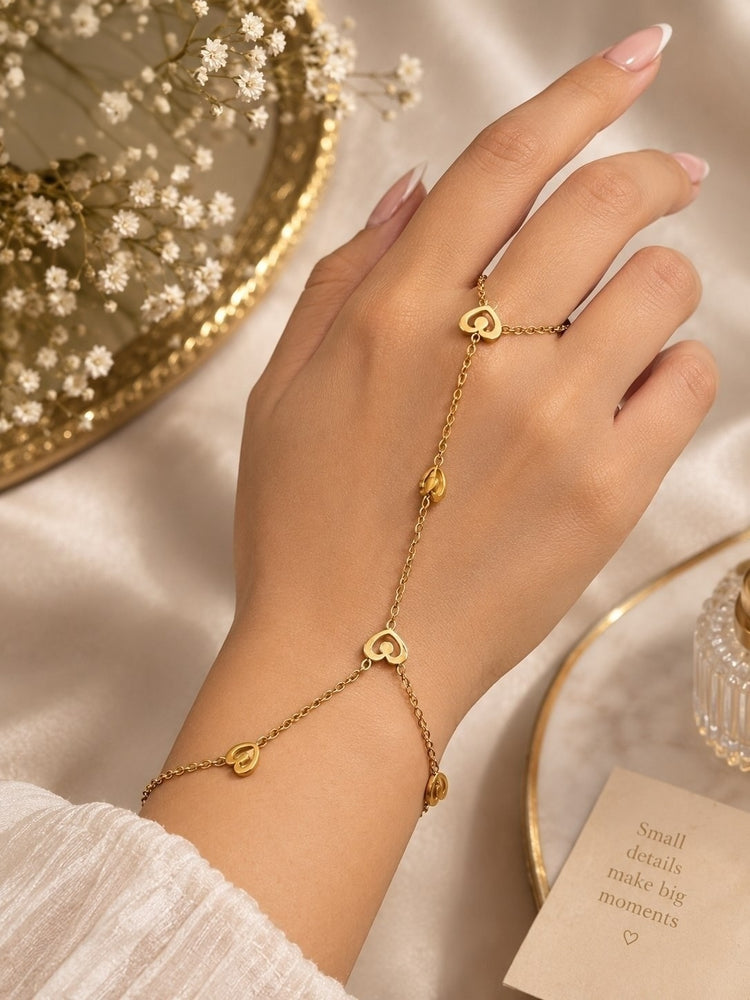 Open Heart Stainless Steel Gold Plated Hand Chain Bracelet