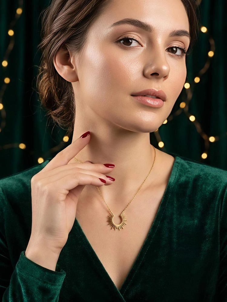 Open Sunburst Stainless Steel Gold Plated Necklace