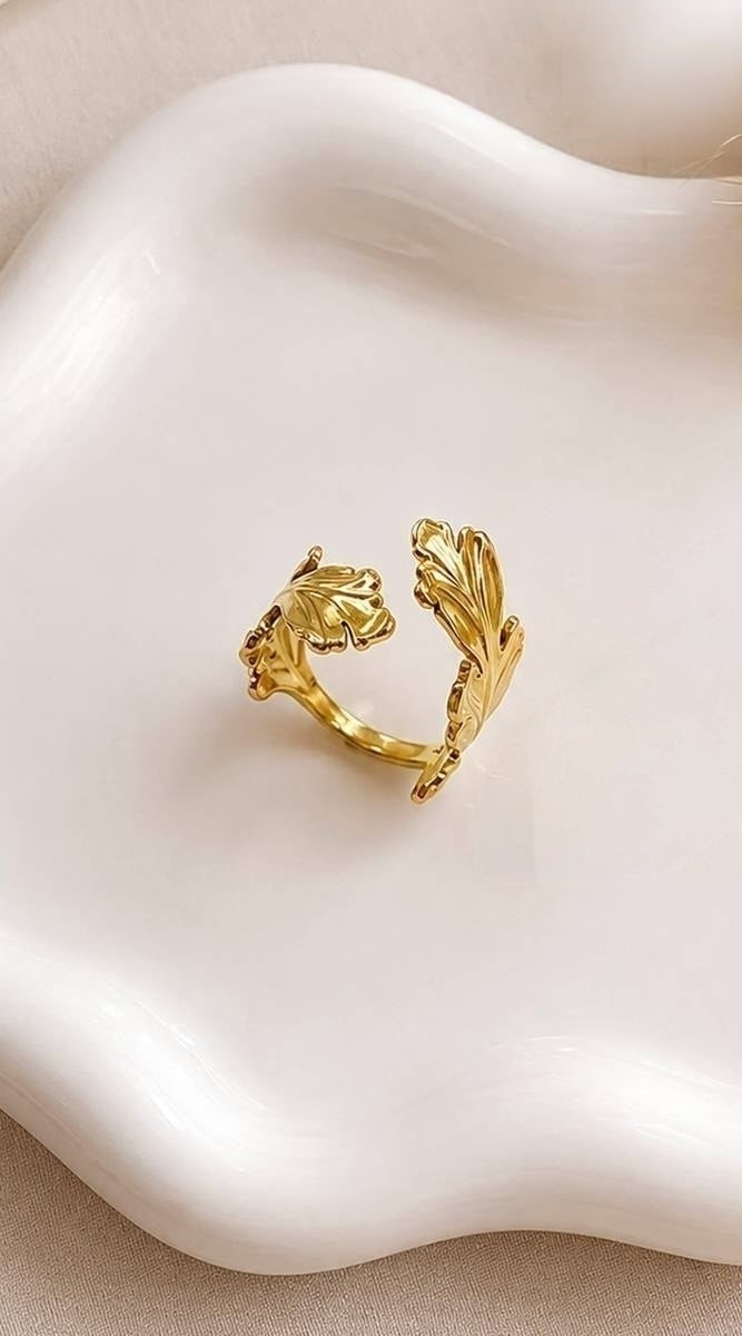 Ornate Leaf Stainless Steel Gold Plated Free Size Ring