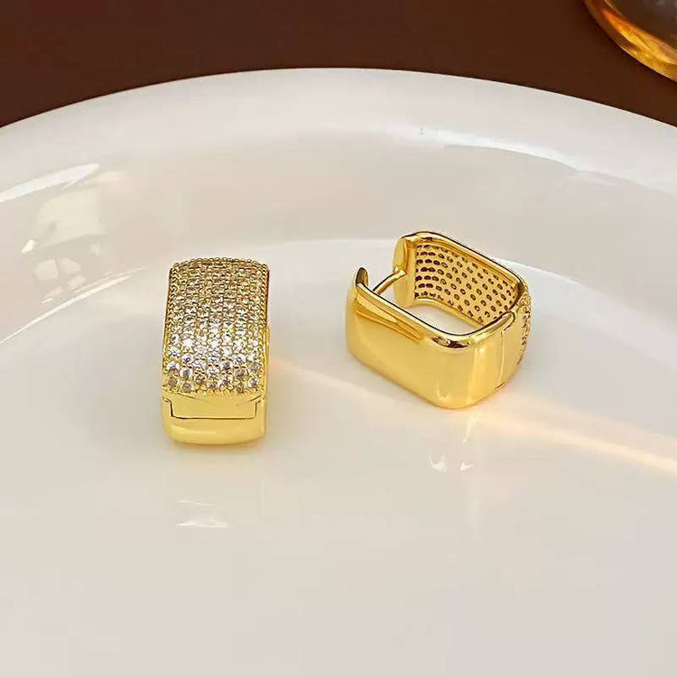 Gold Pave Rectangle Hoop Zircon Stone Stainless Steel Gold Plated Earrings