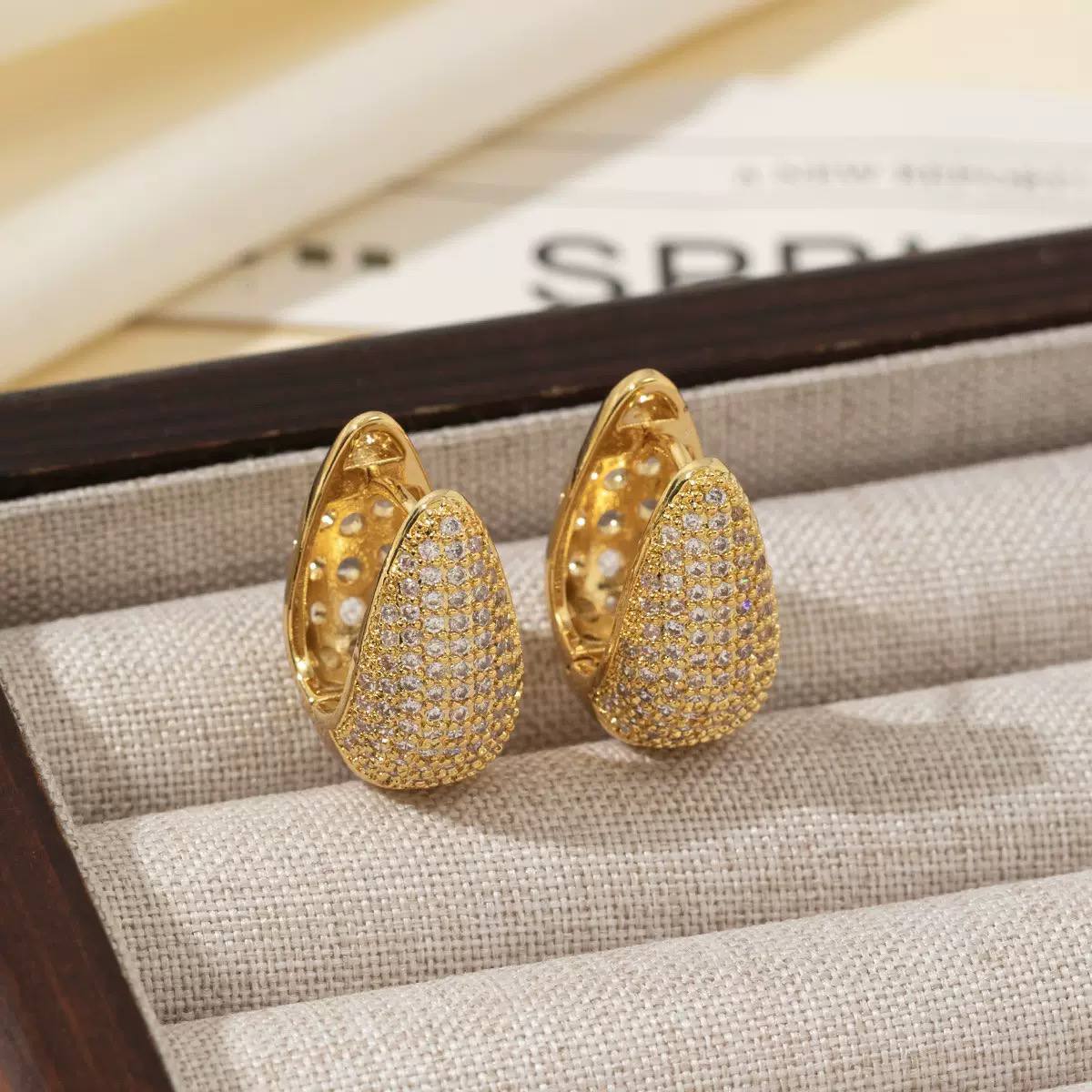Gold Pave Teardrop Hoop Zircon Stone Stainless Steel Gold Plated Earrings