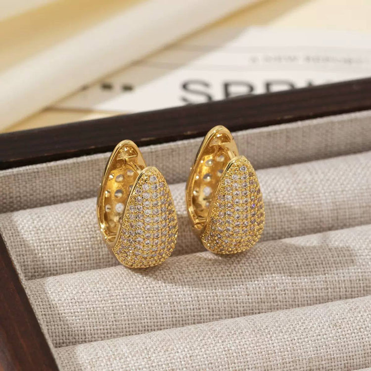 Gold Pave Teardrop Hoop Zircon Stone Stainless Steel Gold Plated Earrings