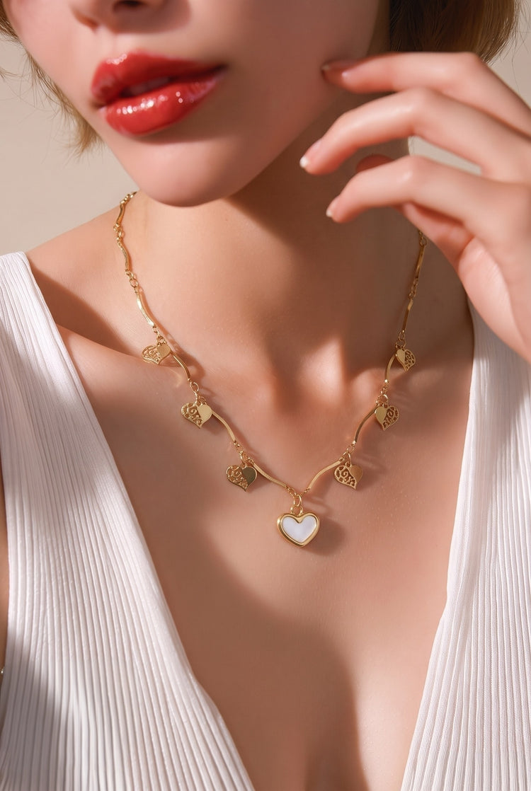 Pearly Heart Charms Stainless Steel Necklace