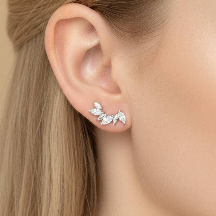 Silver Polished Leaf Branch Zircon Stone Stainless Steel Piercing