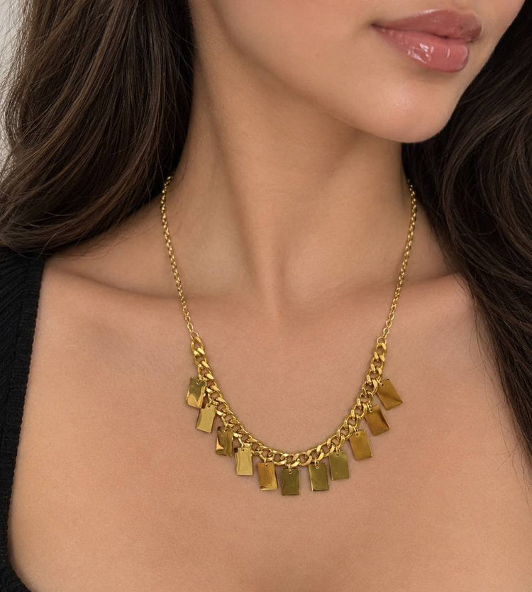 Gold Rectangular Charm Stainless Steel Gold Plated Necklace