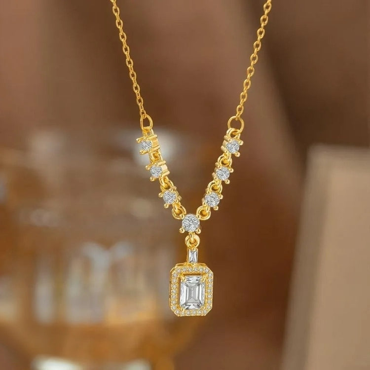 Gold Emerald Cut Halo Stainless Steel Necklace
