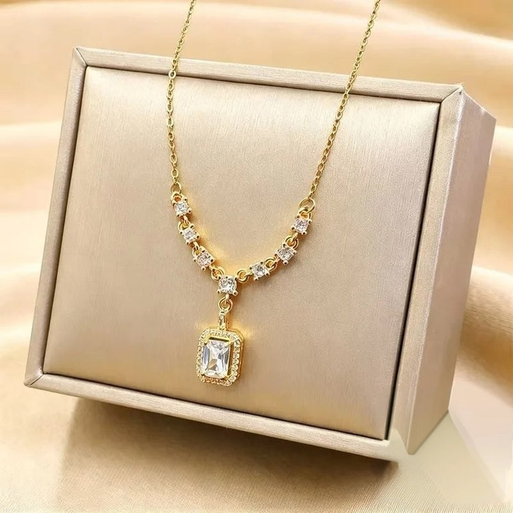 Gold Emerald Cut Halo Stainless Steel Necklace