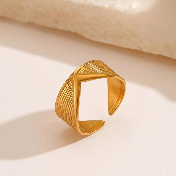 Ribbed Chevron Stainless Steel Gold Plated Free Size Ring