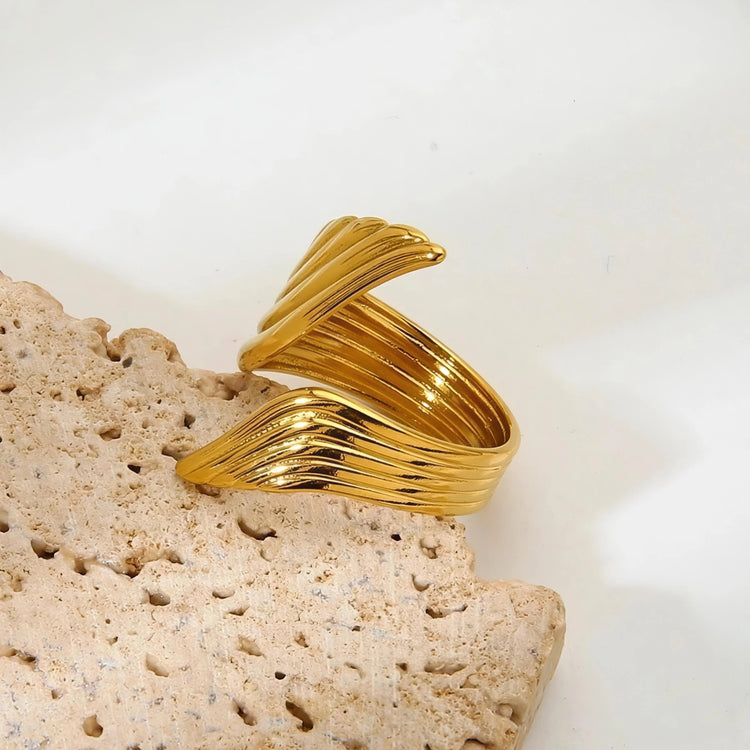Ribbed Wave Stainless Steel Gold Plated Free Size Ring