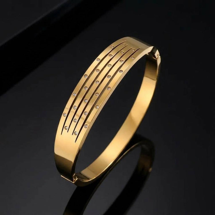 Gold Slotted Multi Row Zircon Stone Stainless Steel Gold Plated Bangle
