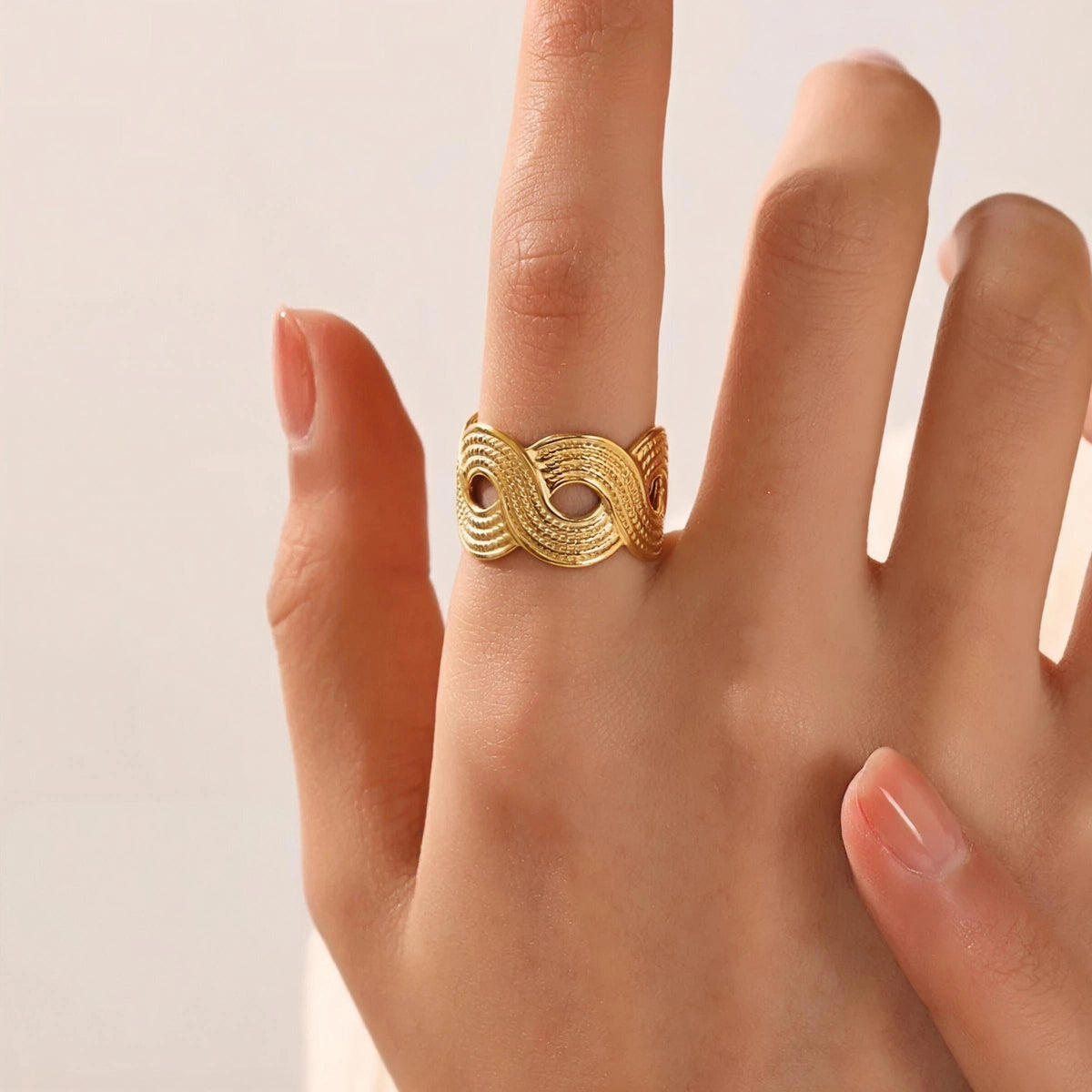 Textured Infinity Stainless Steel Gold Plated Free Size Ring