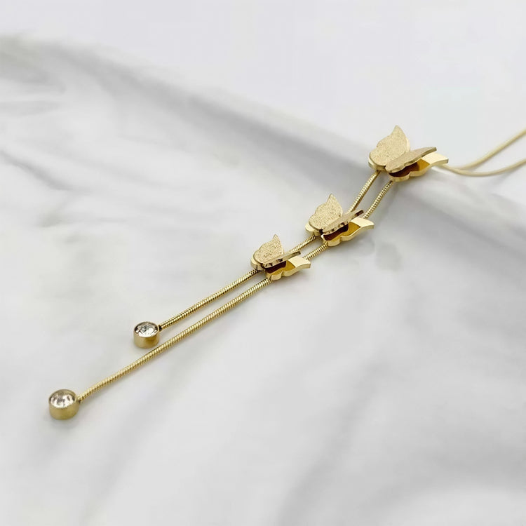 Triple Butterfly Lariat Zircon Stone Stainless Steel Gold Plated Necklace