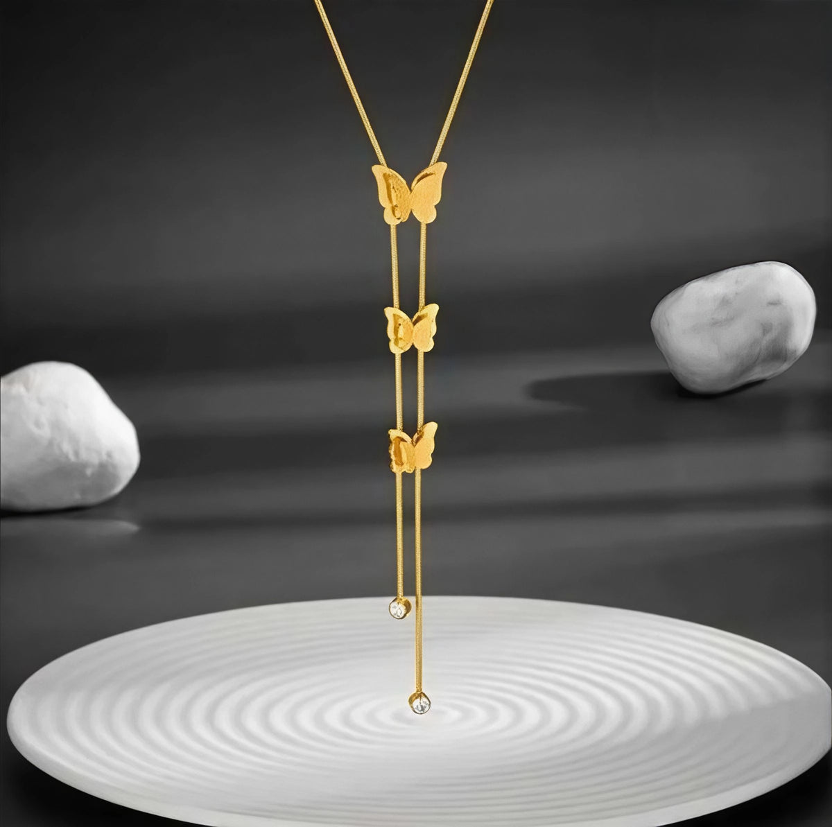 Triple Butterfly Lariat Zircon Stone Stainless Steel Gold Plated Necklace