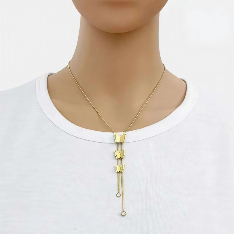 Triple Butterfly Lariat Zircon Stone Stainless Steel Gold Plated Necklace