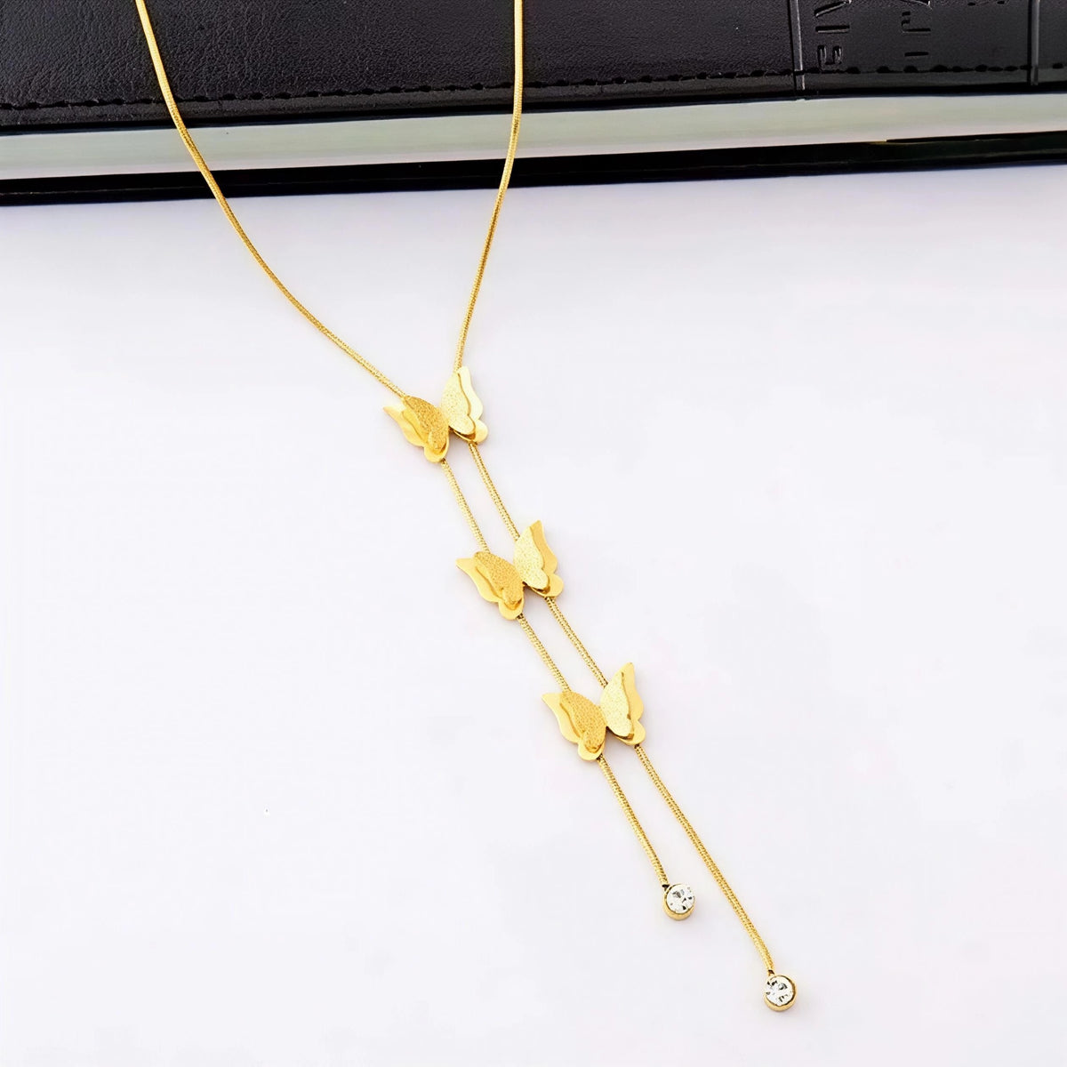 Triple Butterfly Lariat Zircon Stone Stainless Steel Gold Plated Necklace