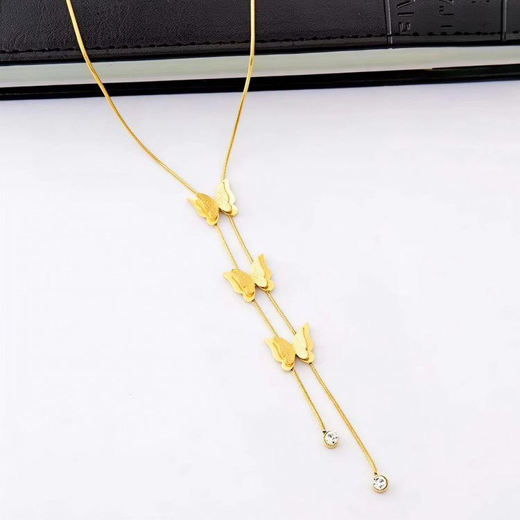 Triple Butterfly Lariat Zircon Stone Stainless Steel Gold Plated Necklace
