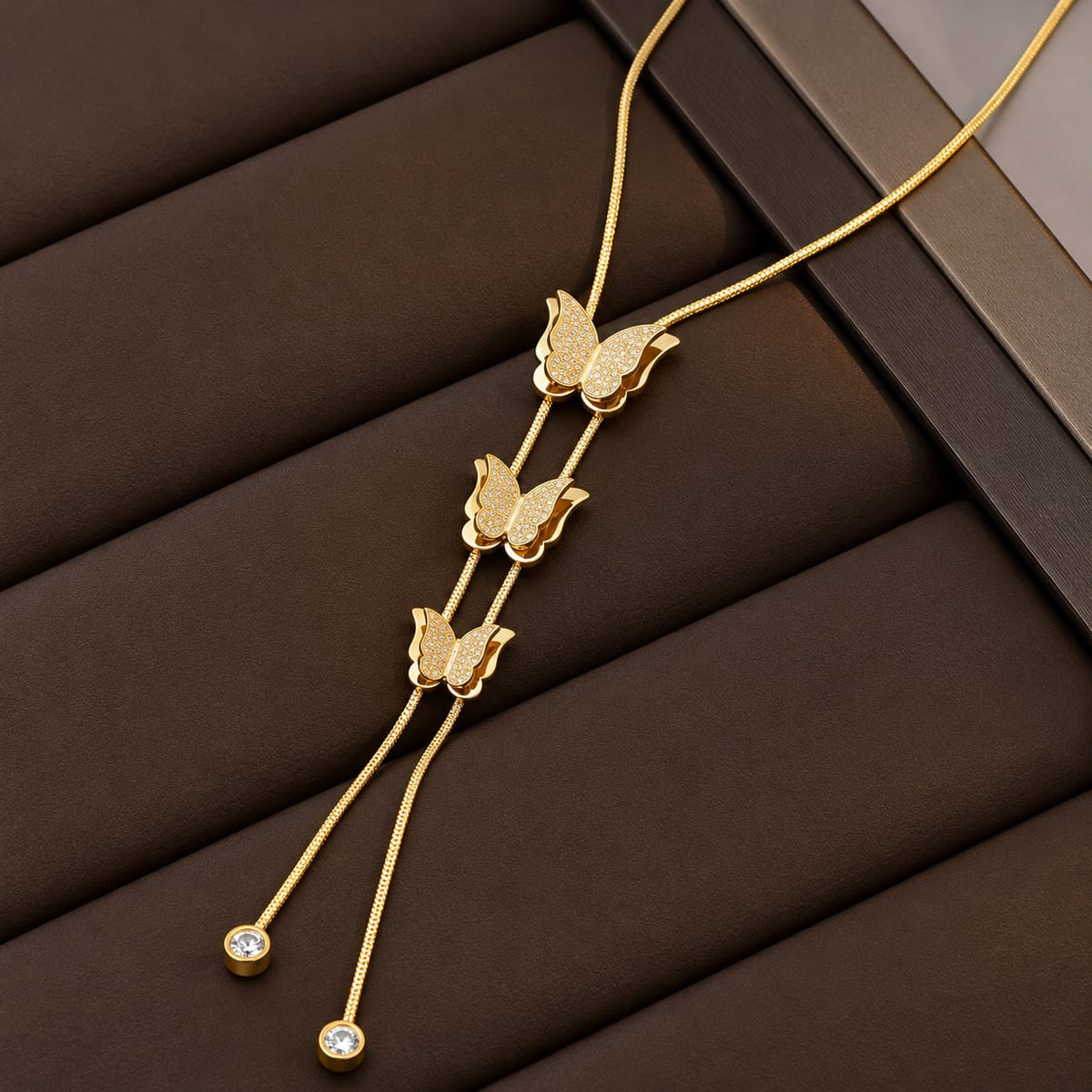 Triple Butterfly Lariat Zircon Stone Stainless Steel Gold Plated Necklace