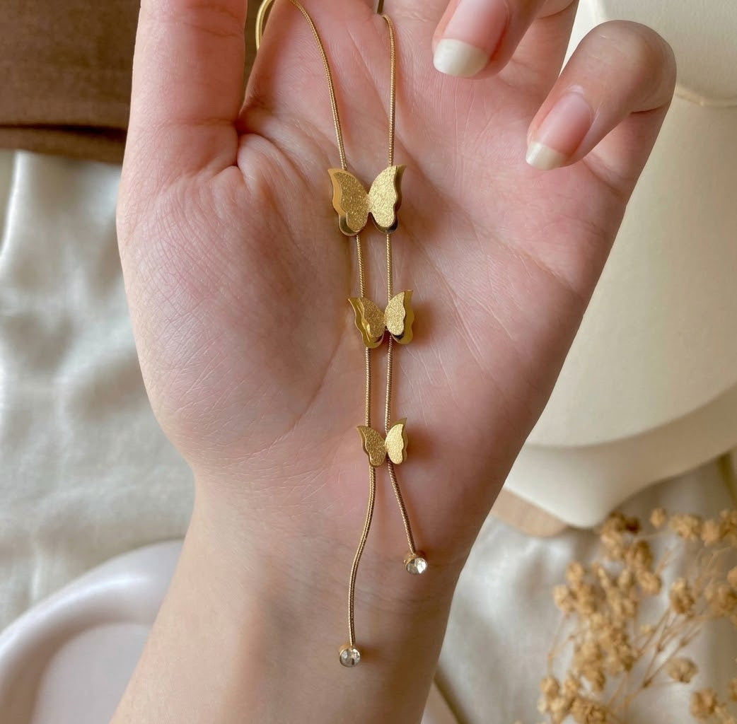 Triple Butterfly Lariat Zircon Stone Stainless Steel Gold Plated Necklace