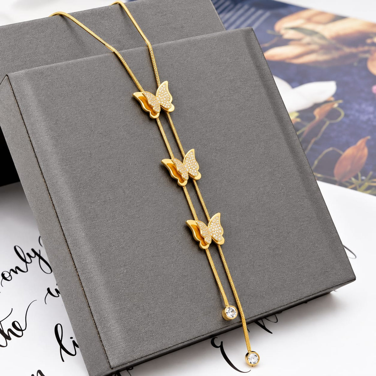 Triple Butterfly Lariat Zircon Stone Stainless Steel Gold Plated Necklace