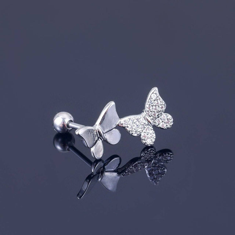 Silver Twin Butterfly Zircon Stone Stainless Steel Piercing