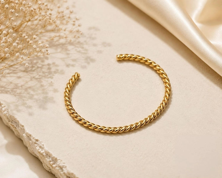 Twisted Rope Stainless Steel Gold Plated Cuff Bracelet