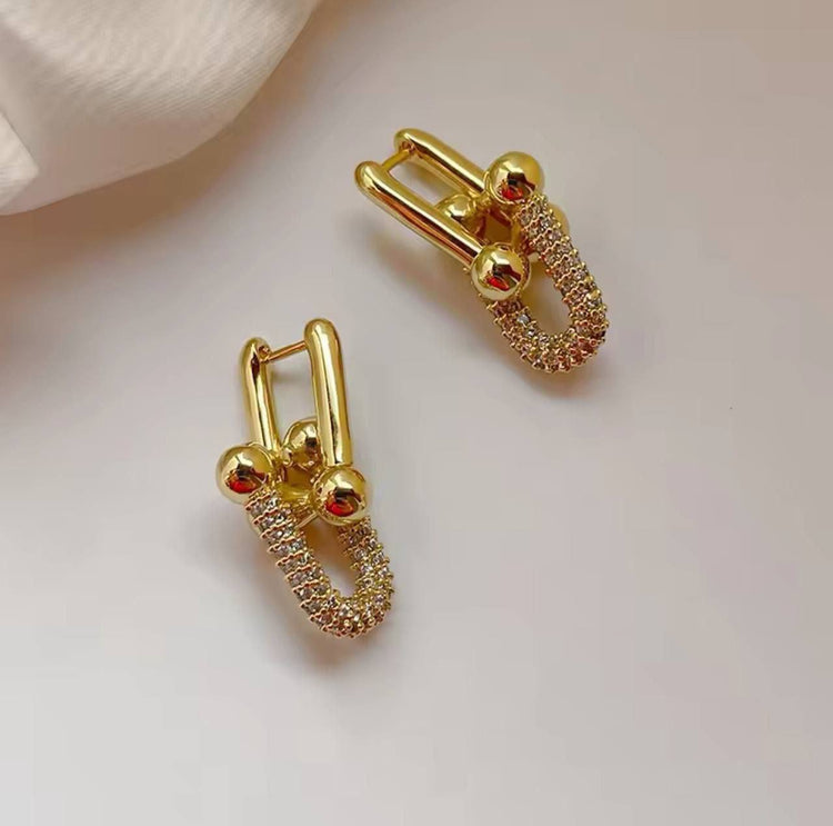 Gold U Link Zircon Stone Stainless Steel Gold Plated Earrings