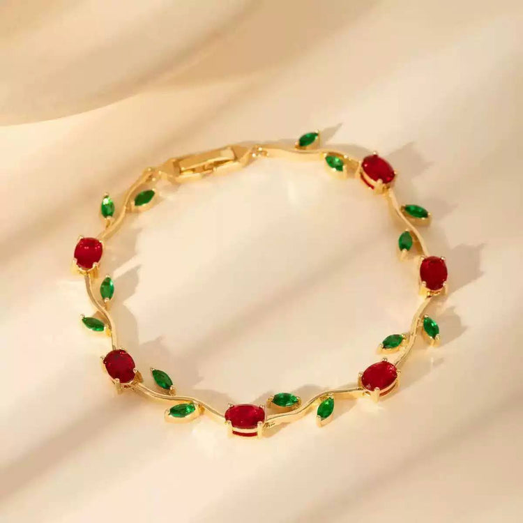 Gold Red and Green Vine Zircon Stone Stainless Steel Gold Plated Bracelet