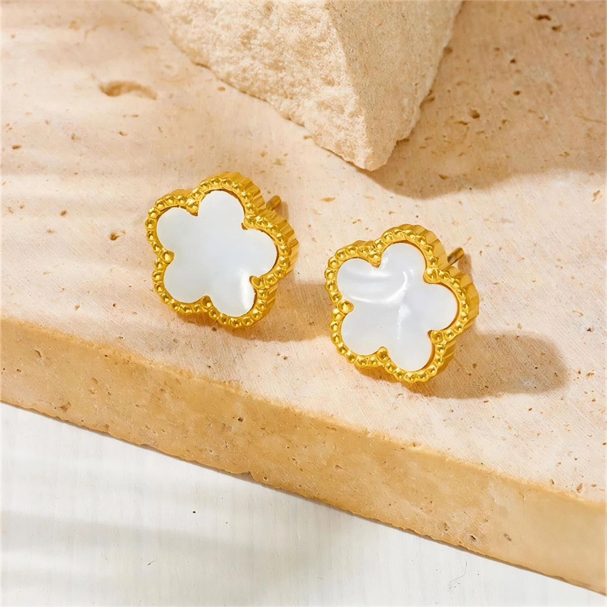 Pearly Fan Cleef Stainless Steel Stud Earrings
