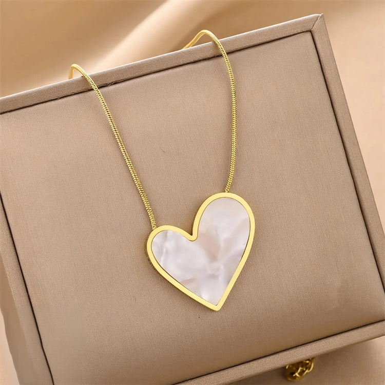 White Inlay Heart Stainless Steel Gold Plated Necklace