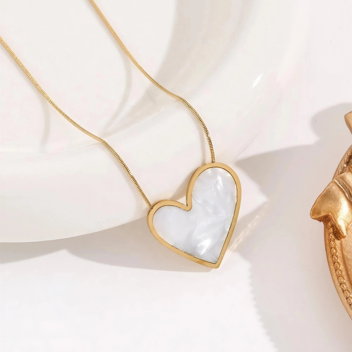 White Inlay Heart Stainless Steel Gold Plated Necklace