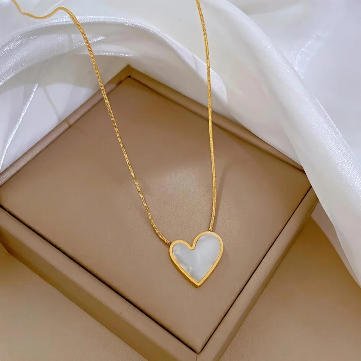 White Inlay Heart Stainless Steel Gold Plated Necklace
