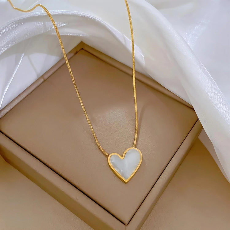 White Inlay Heart Stainless Steel Gold Plated Necklace