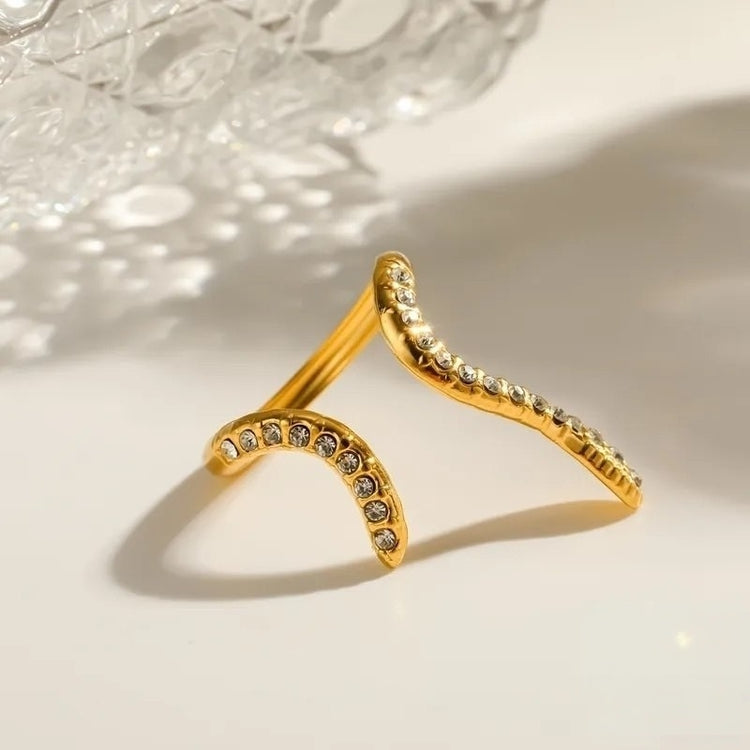 Open Wave Zircon Stones Stainless Steel Gold Plated Free Size Ring